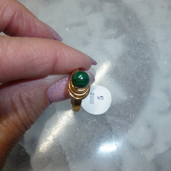 18k Yellow Gold EP Malachite Dolphin Ore Ring - Picture 4 of 11